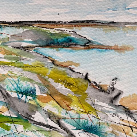 Loose colourful abstract showing nature, land and sea.