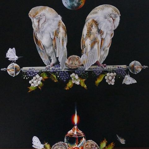 Two owls sitting on a branch, a candle lighting up the surrounding area.