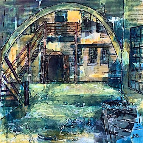 Semi-abstract artwork, painting, showing stairs, building and an archway.