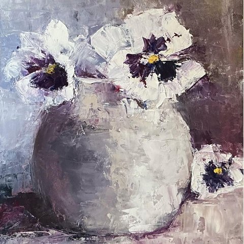 A painting of two violet flowerer in a light coloured vase.