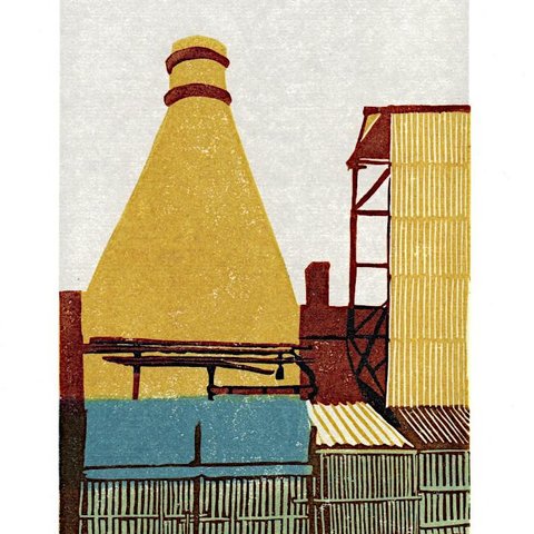 A Potteries Industrial landscape showing a bottle kiln and surrounding buildings.