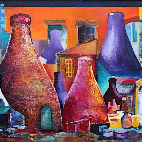 A colourful painting of traditional potteries bottle kilns.