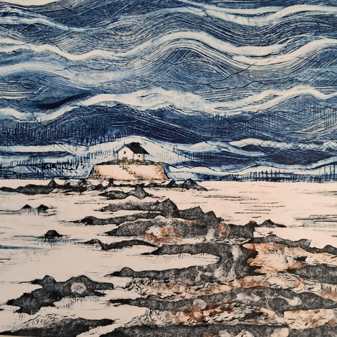 A painting of St. Cwyfan's Church, with big wavey sky and a rocky foreground.